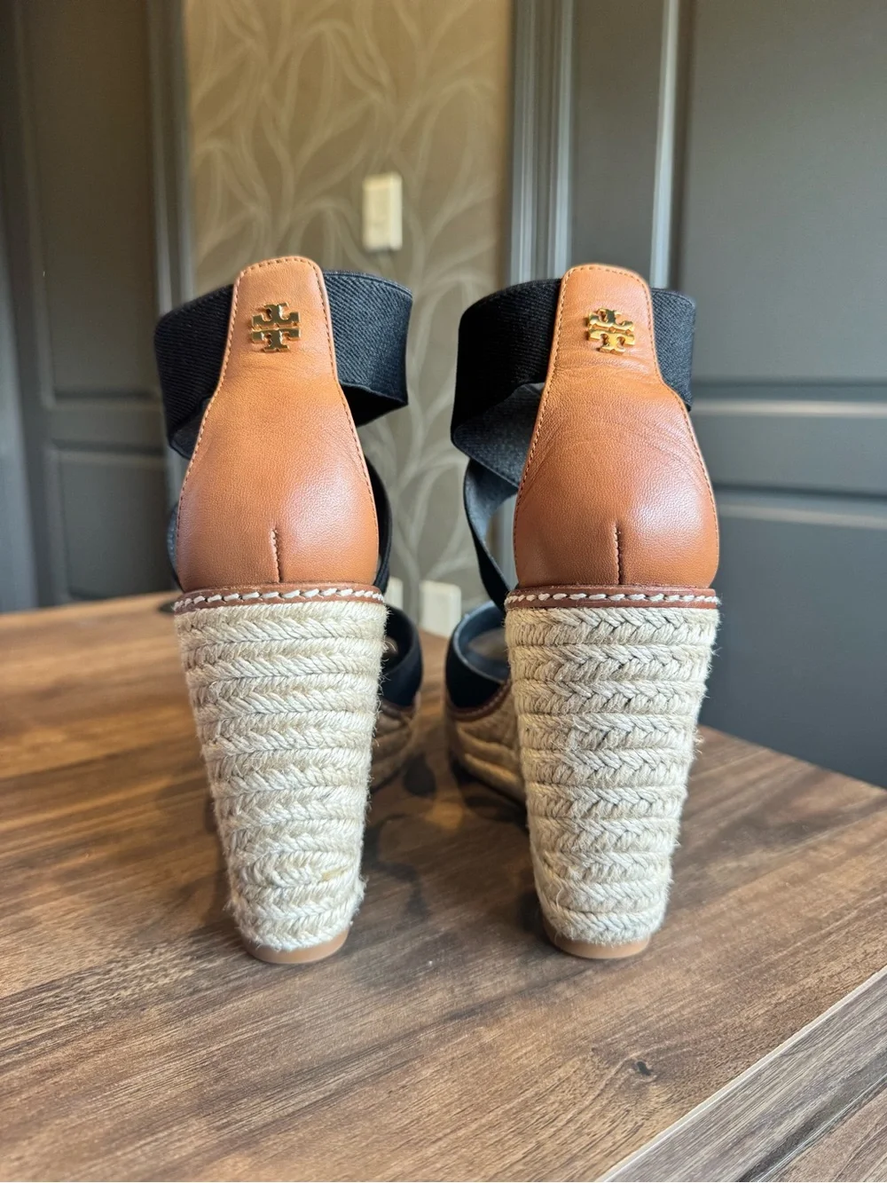 Tory Burch Black Espadrille Wedge Sandals with Elastic Straps 7
